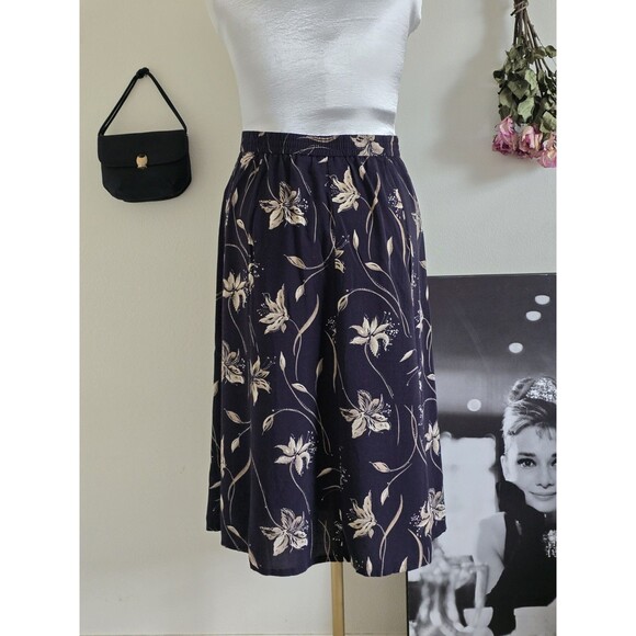 Vintage 90s Dark Navy Floral Button Front High Waist A-line Midi Skirt L - Picture 6 of 8